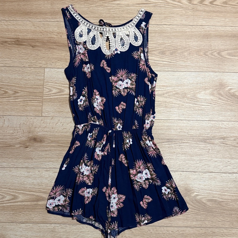 Ganji LA Floral Shorts Romper with Lace (ish) accent on top